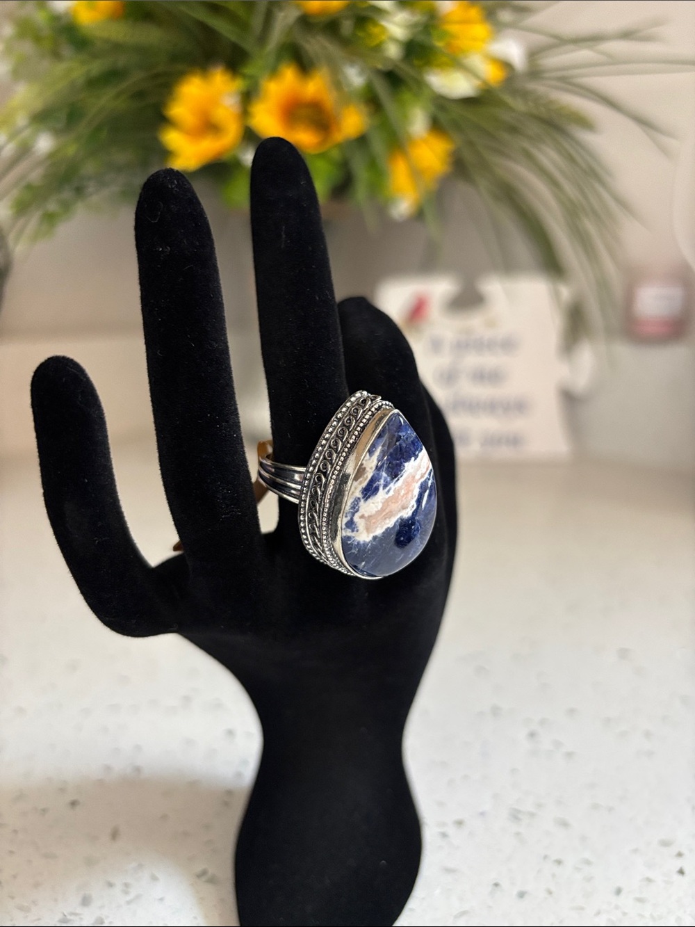 Teardrop Blue & White Sodalite Gemstone Ring Size 8 - Picture 5 of 8